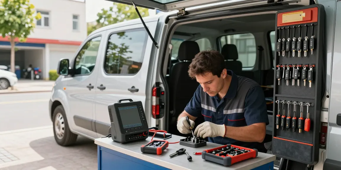 Locksmith diagnosing a contactslot probleem on a car in a mobile workshop, showcasing expertise and professional tools.