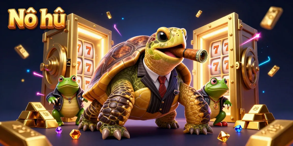 Nổ hũ jackpotted scene featuring a turtle in a suit with vibrant slot reels and treasure.