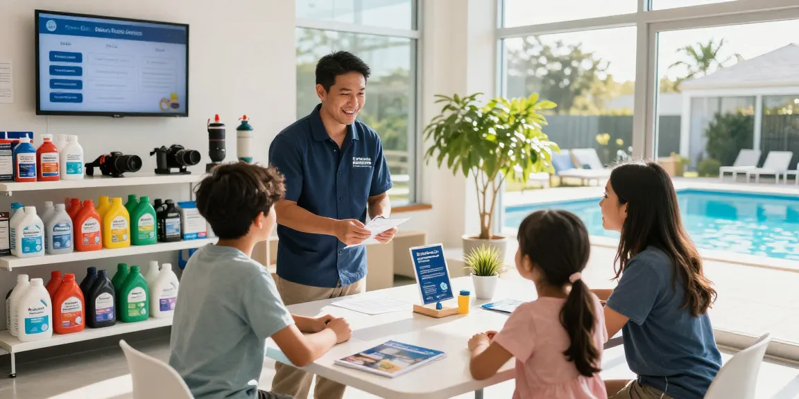 Dolphin Pool Services customer consultation in a bright showroom with pool equipment displays and friendly staff.