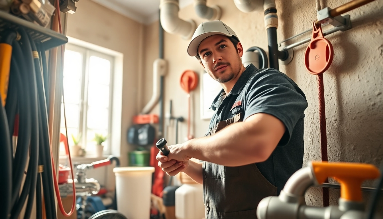 Plumber near me fixing pipes in a residential setting with tools around.