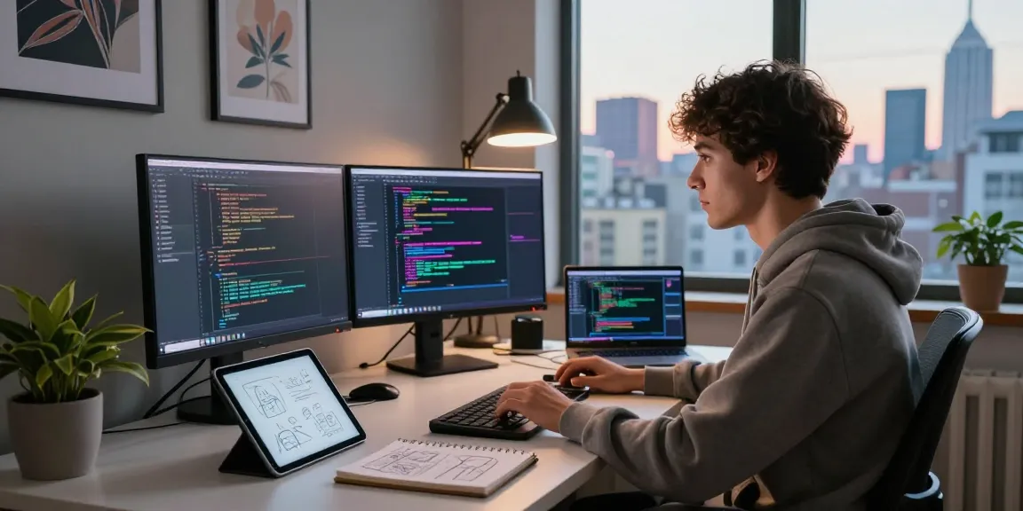 Professional coding environment of dejny.eu developer with colorful screens and creative workspace elements.