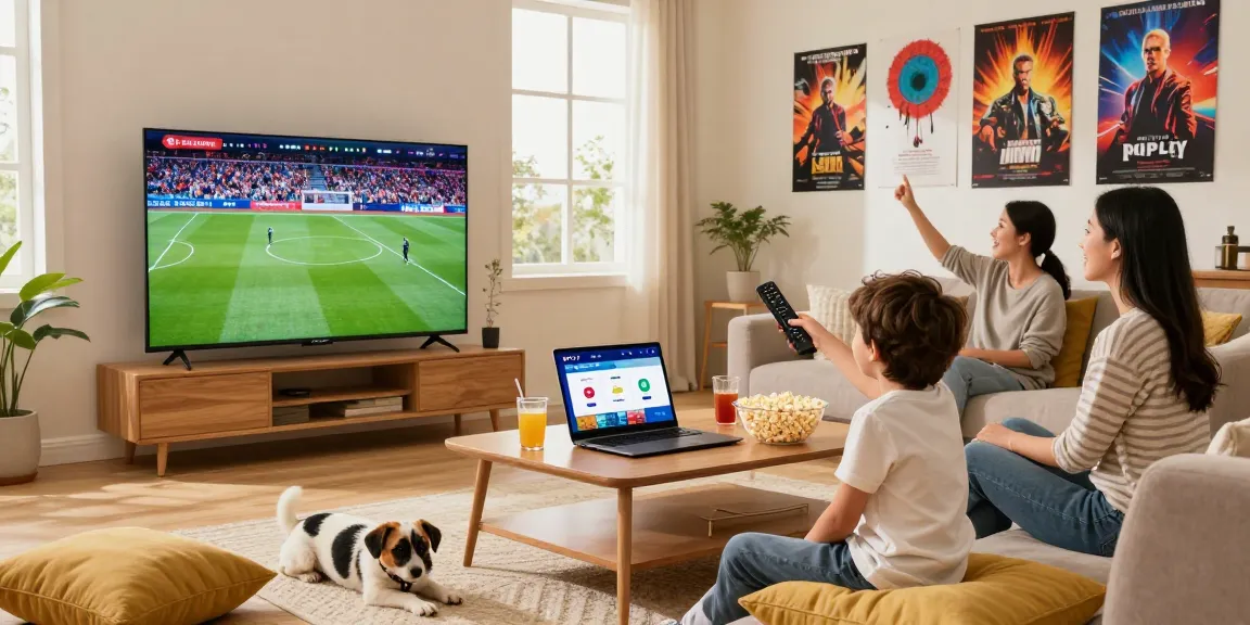 Enjoying IPTV free trial Europe in a cozy family living room, watching sports and movies together on a smart TV.