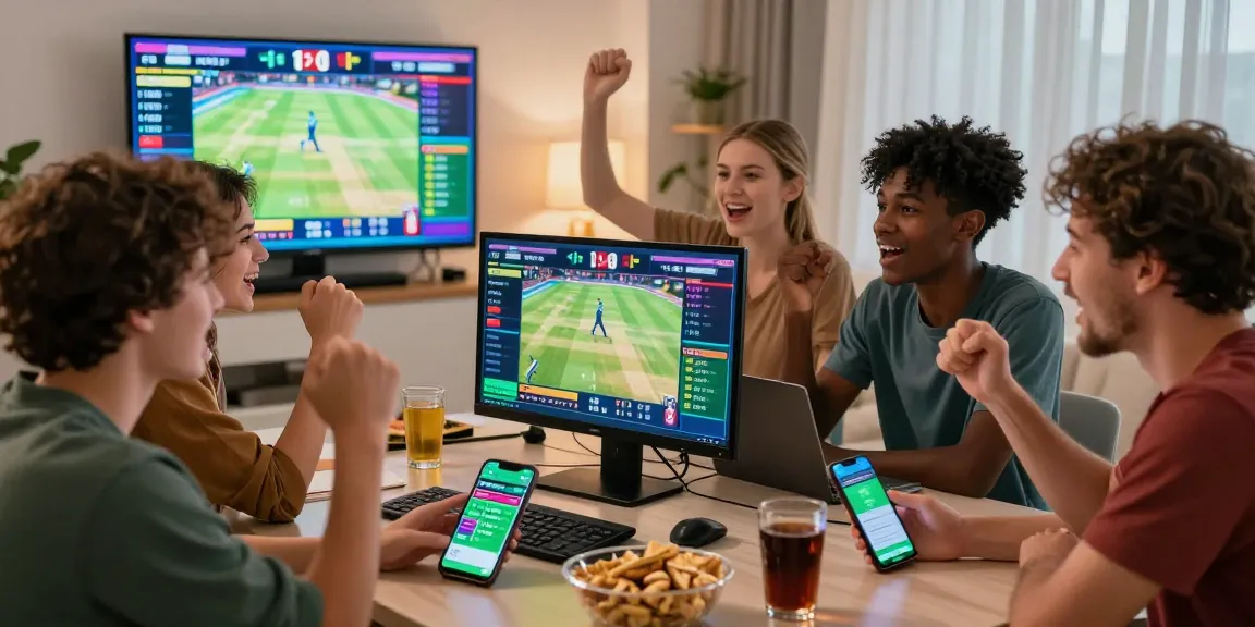 Excited bettors celebrating online betting wins at maahadevboook.com, showcasing a lively sports betting environment with live game displays.