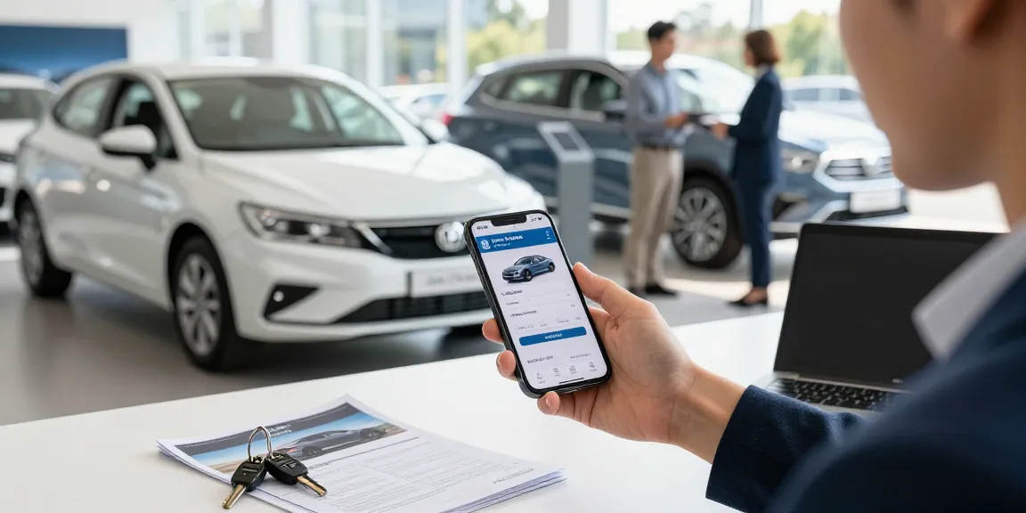 Person conducting a car check UK before buying, examining a vehicle with a history report in hand.
