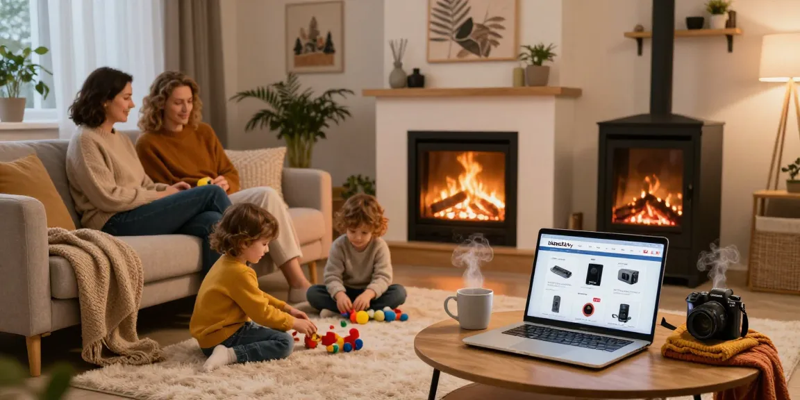 Cozy family gathering around a modern fireplace, exploring heating solutions on izba24.by