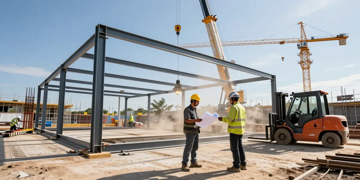 DP Consteel's construction site showcasing pre-engineered buildings with workers and steel structures.
