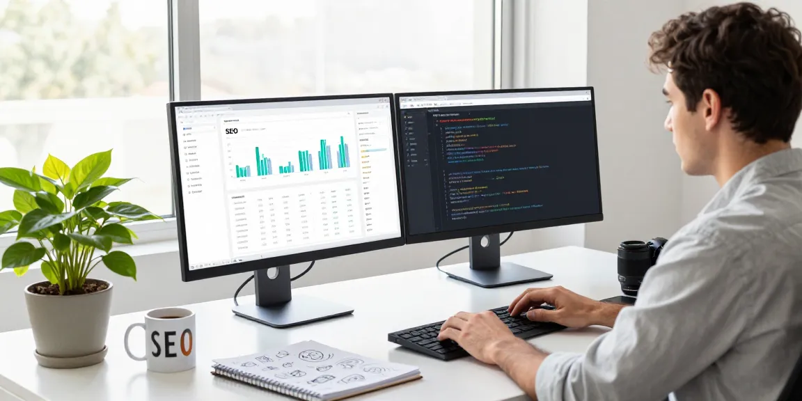 SEO optimization dashboard on computer screen at https://landings.md showcasing web development with analytics.