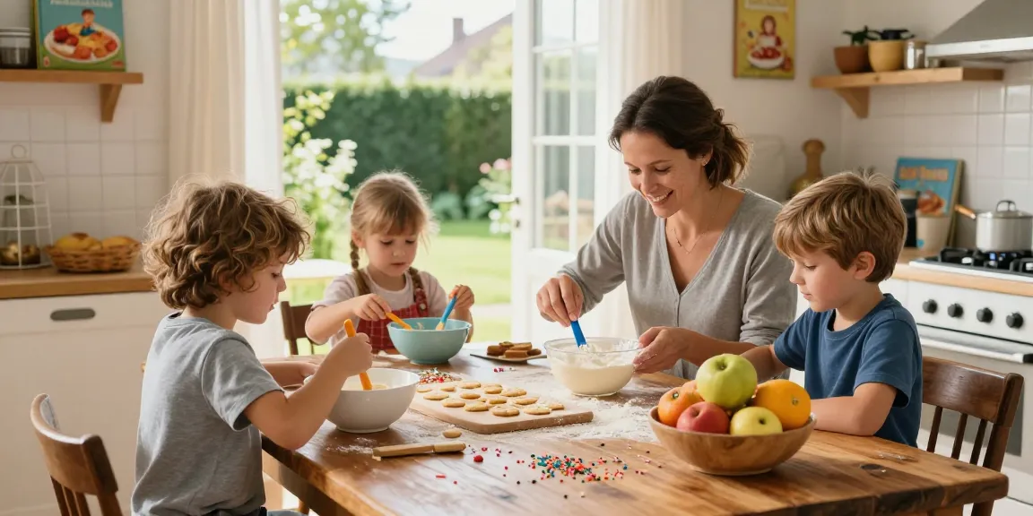 Engaging cooking moment with children in the family kitchen at thestorybookstomach.com.