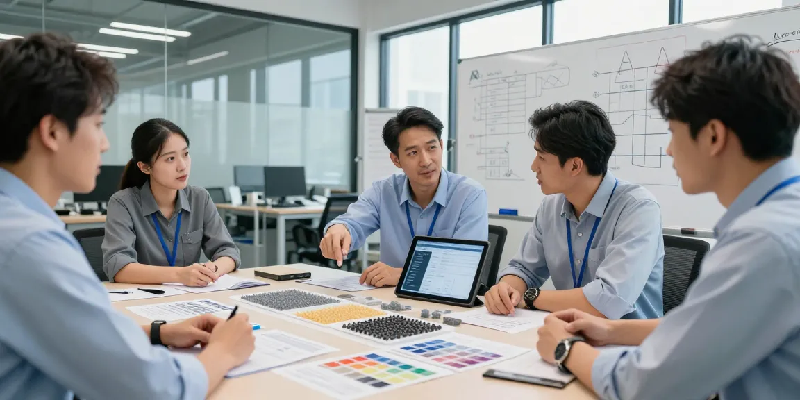 Engineers discussing polymer expandable microspheres in a modern workspace with technical specifications and samples.