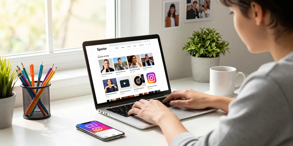 Simplified download process on https://spector.net/ while navigating Instagram content, showcasing a user-friendly workspace.