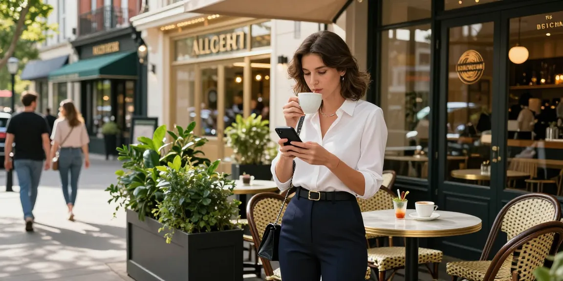 Kocaeli escort enjoying a coffee in a stylish urban café setting, showcasing vibrant city life.