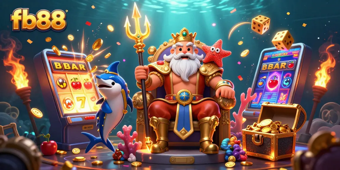 Spin the reels with fb88 at a vibrant casino-themed illustration featuring Neptune, jackpots, and gold!