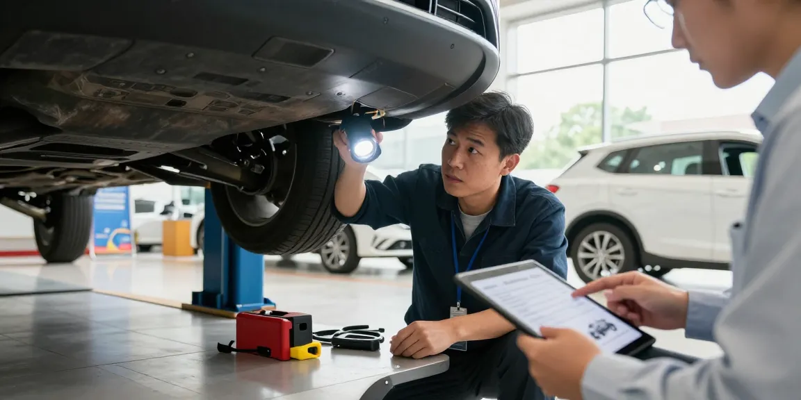 car check UK: Professional inspecting vehicle history in a dealership