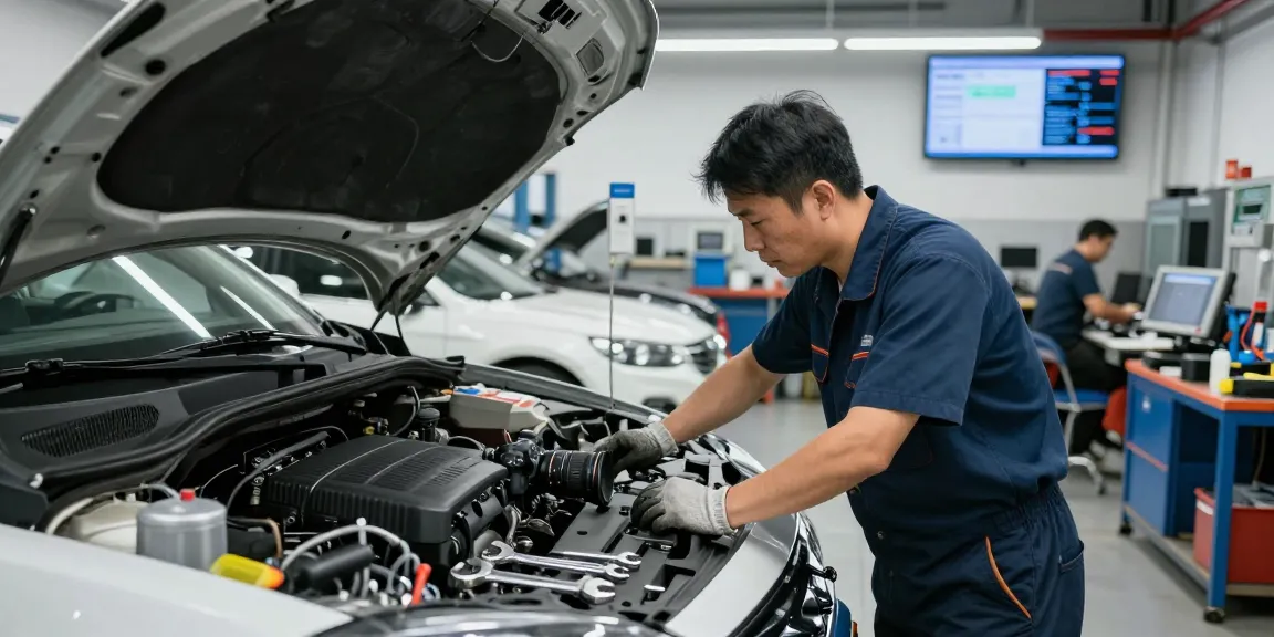 Shop repairs in a bustling auto repair shop with a mechanic inspecting an engine.