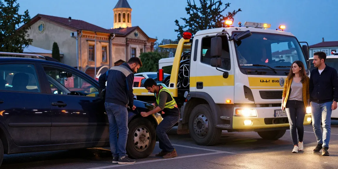 Emergency roadside assistance with evakuatori evakuatori tbilisi during twilight in Tbilisi, showcasing professional service and city backdrop.
