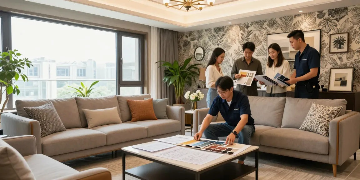 General contracting professionals collaborating on an elegant renovation project in a stylish living room, showcasing modern design elements