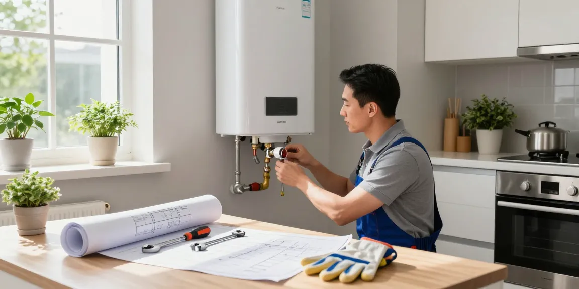 Professional plumber installing water heater service from www.getelectriciansg.com in a modern kitchen setting.