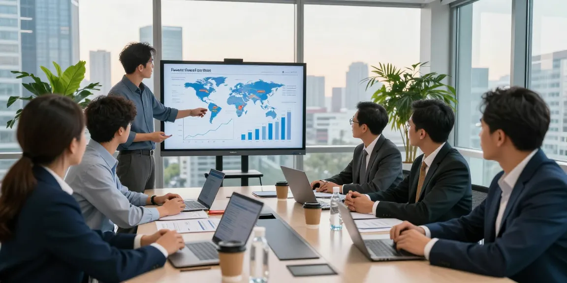 Meeting focused on international project funds in a modern corporate setting, showcasing financial collaboration among diverse experts during golden hour.