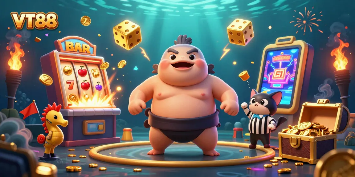 Engage in thrilling casino action with VT88's vibrant online gaming scene featuring a cheerful blowfish.