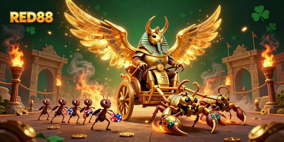 Engage with RED88's thrilling 3D casino adventure featuring a golden beetle and scorpions.
