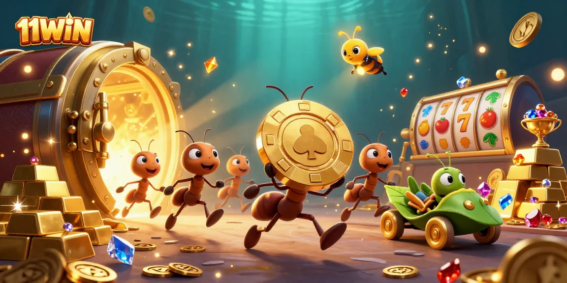 Experience excitement with 11WIN as animated ants heist a massive poker chip in a vibrant casino scene.