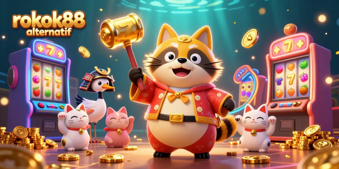 Engage with rokok88 alternatif through a vibrant scene of tanuki and lucky symbols amidst a rich casino setting.
