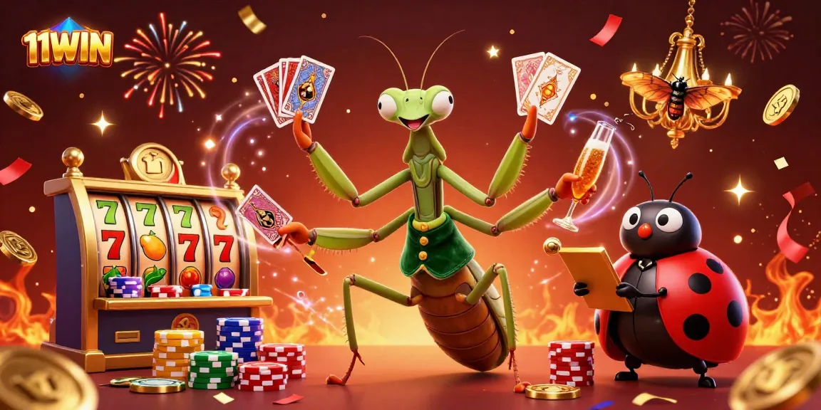 Celebrate winning at 11WIN with vibrant casino fun, featuring unique characters amidst dynamic action.