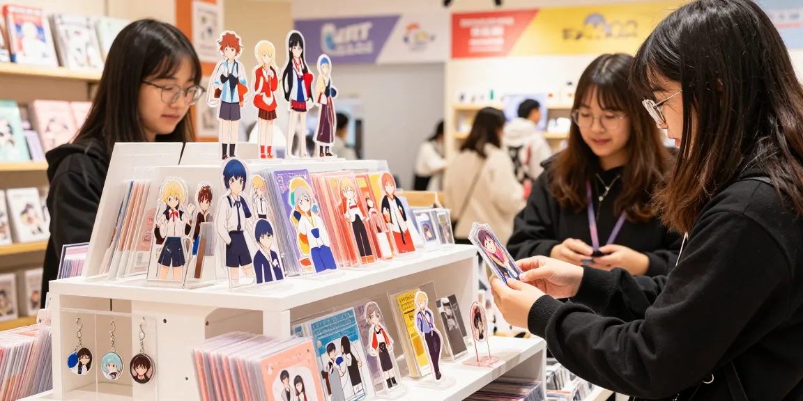 Custom acrylic standee selection in a vibrant retail store showcasing unique designs.